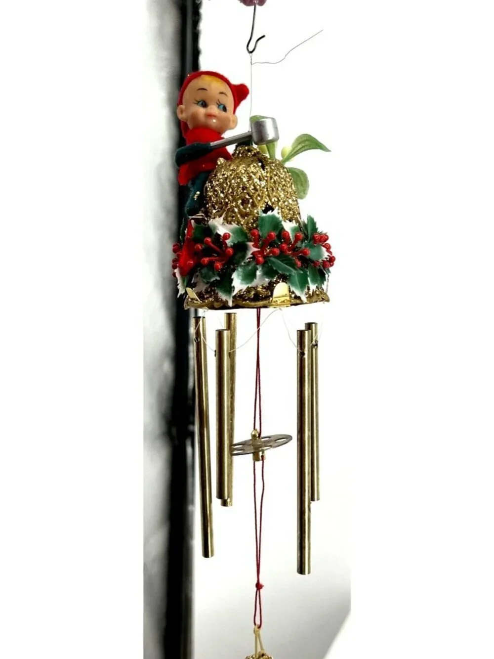 Christmas PIXIE Elf Wind Chimes Mistletoe Bell w/Box 1960's HONG KONG